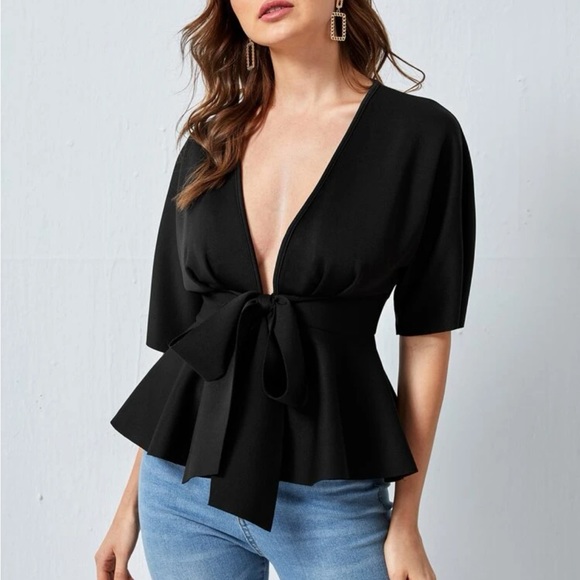 Classic Plunging Neck Tie Waist Peplum Top Blouse Shirt White - Picture 6 of 10